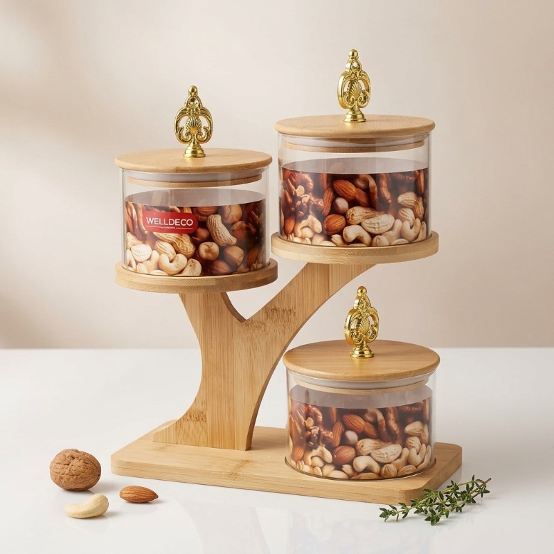 3-Piece Glass Storage Jar Set with Bamboo Wooden Stand | Kitchen Organizer | Dry Fruit & Snack Storage Containers