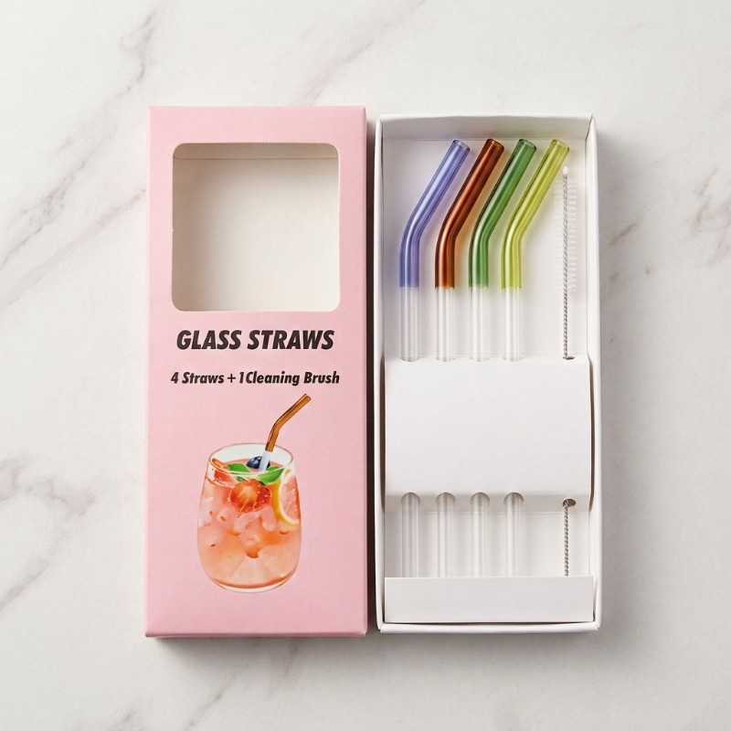 4 Pcs Glass Straws with Cleaning Brush | Reusable Bent Drinking Straws | Colorful Top Glass Straws for Juice, Smoothies & Cold Drinks