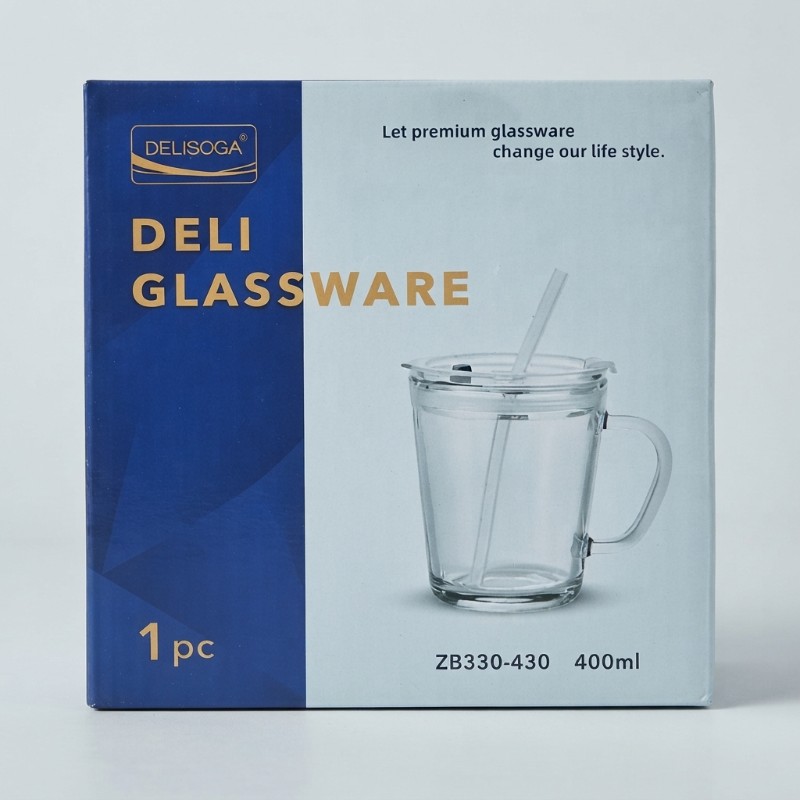 Delisoga Glass Mug with Lid & Straw 400ml | Transparent Drinking Cup | ZB330-430