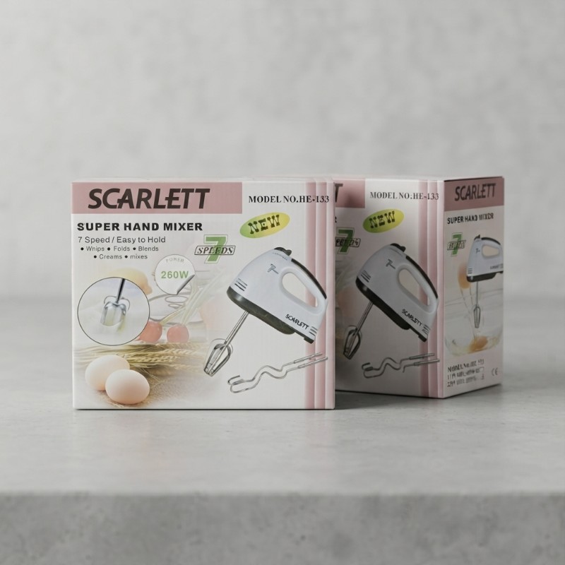 Scarlett HE-133 Super Hand Mixer 260W | 7 Speed Electric Egg Beater with Beaters & Dough Hooks