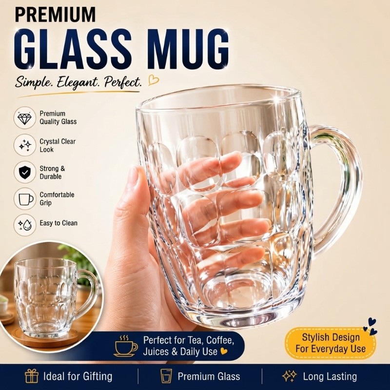 Premium Textured Glass Mug with Handle | Crystal Clear Drinking Cup for Tea, Coffee, Juice & Daily Use