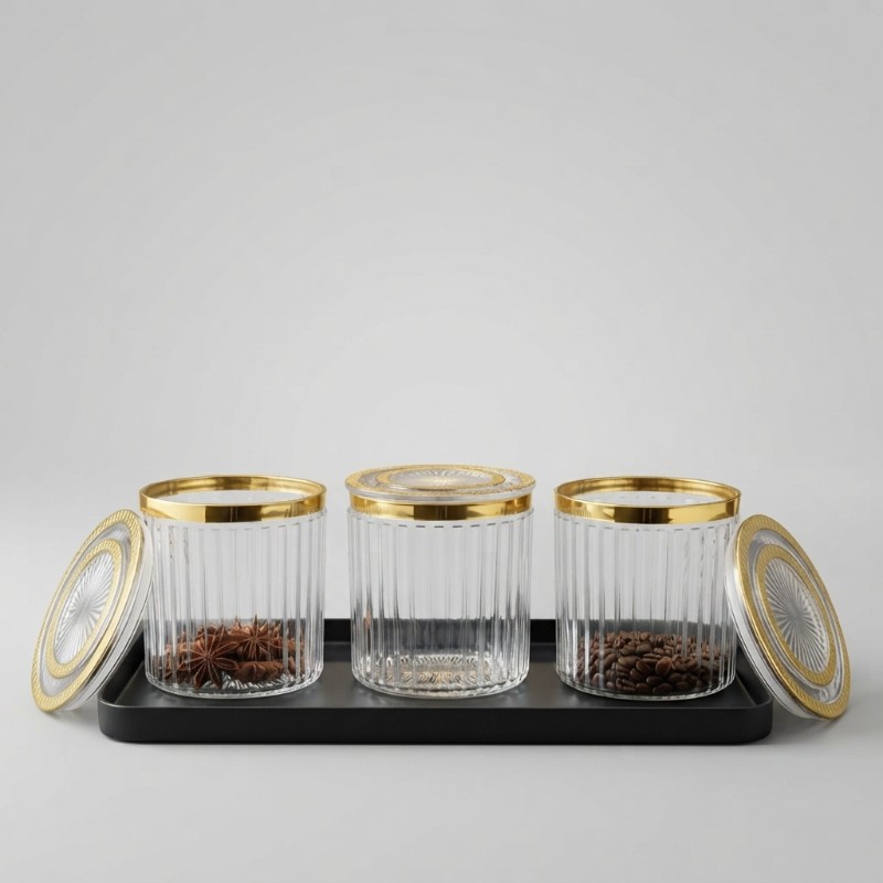 Crown Storage Jar Medium 3 Pcs Set  | Glass Kitchen Storage Jars with Golden Lid | Dry Fruit, Tea, Coffee & Snack Containers