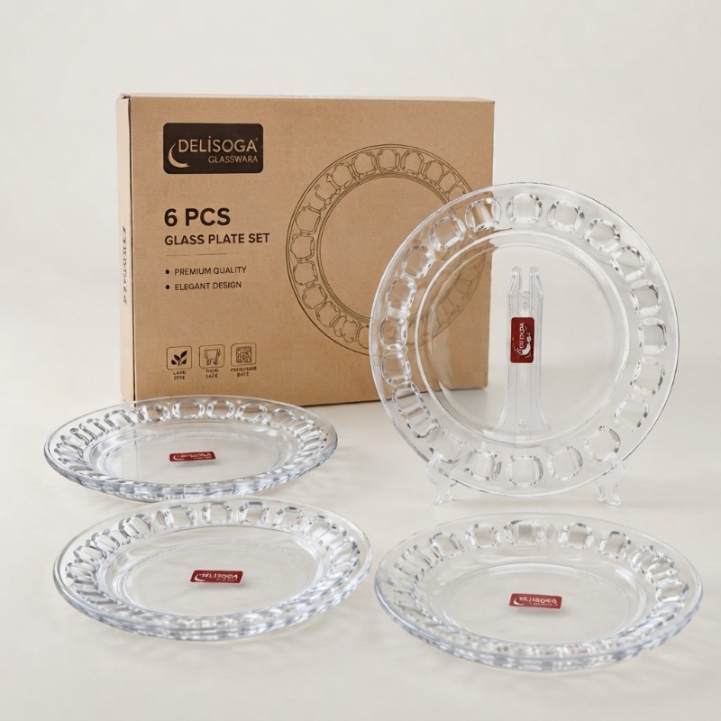 Delisoga 6 Pcs Glass Plate Set | Transparent Round Glass Dinner Plates | Elegant Serving Plates for Home, Dining Table, Snacks, Desserts & Everyday Use
