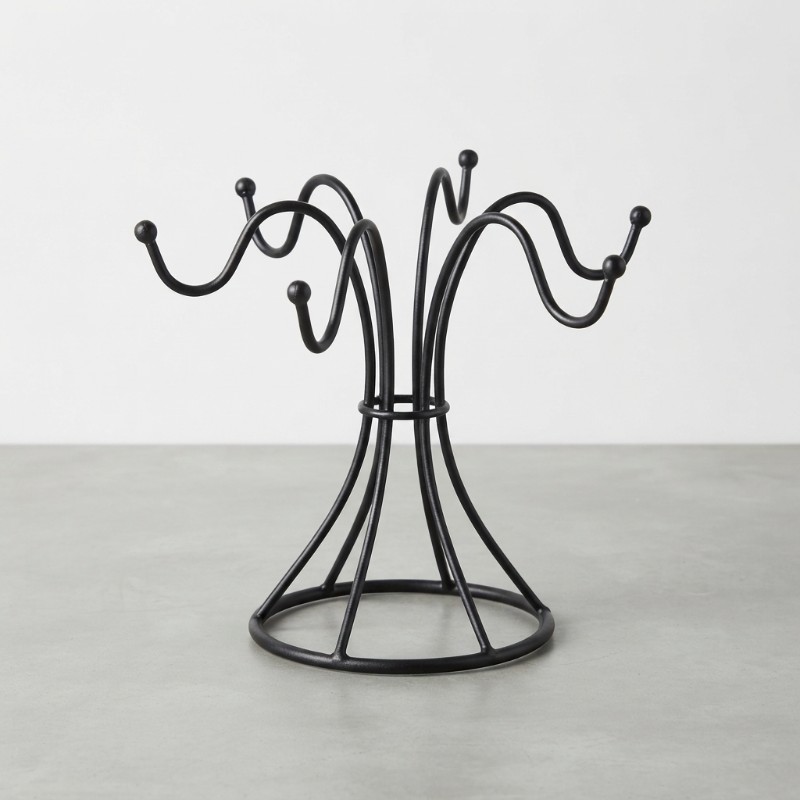 Black Metal Mug Holder Stand | 6-Hook Coffee Cup Tree Rack | Countertop Mug Organizer & Kitchen Cup Storage Stand