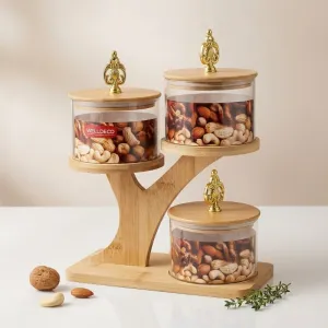 3-Piece Glass Storage Jar Set with Bamboo Wooden Stand | Kitchen Organizer | Dry Fruit & Snack Storage Containers