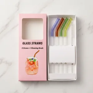 4 Pcs Glass Straws with Cleaning Brush | Reusable Bent Drinking Straws | Colorful Top Glass Straws for Juice, Smoothies & Cold Drinks
