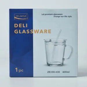 Delisoga Glass Mug with Lid & Straw 400ml | Transparent Drinking Cup | ZB330-430