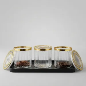 Crown Storage Jar Medium 3 Pcs Set  | Glass Kitchen Storage Jars with Golden Lid | Dry Fruit, Tea, Coffee & Snack Containers