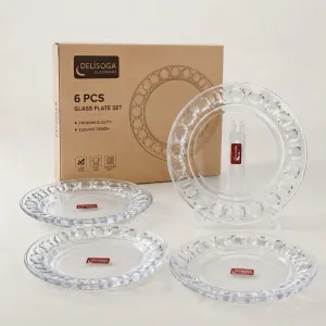 Delisoga 6 Pcs Glass Plate Set | Transparent Round Glass Dinner Plates | Elegant Serving Plates for Home, Dining Table, Snacks, Desserts & Everyday Use