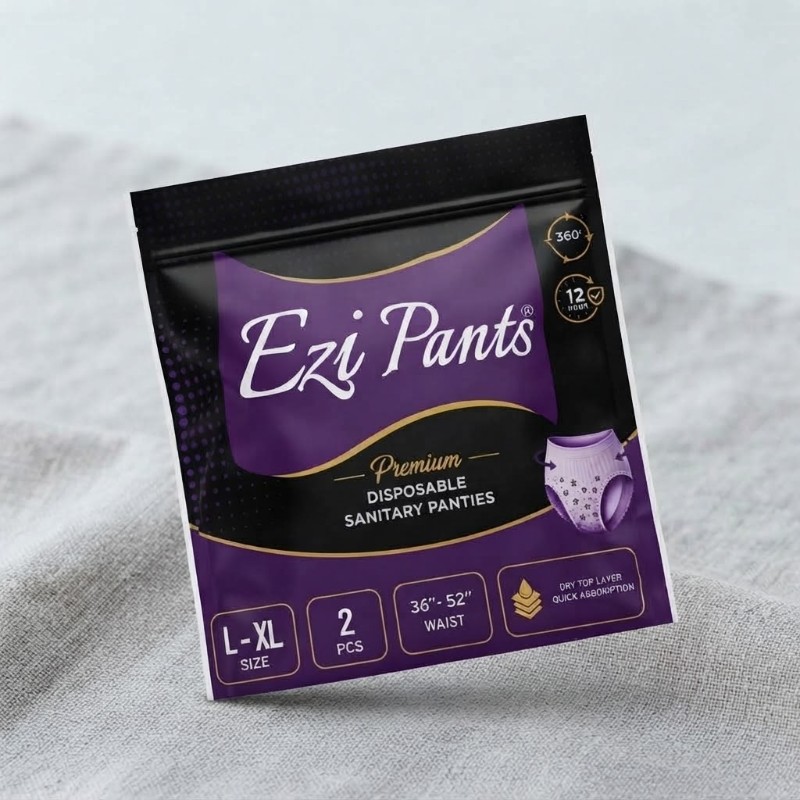 Ezi Pants Premium Disposable Sanitary Panties - L-XL Size, 36"-52" Waist, 12-Hour Protection, 2 Pieces