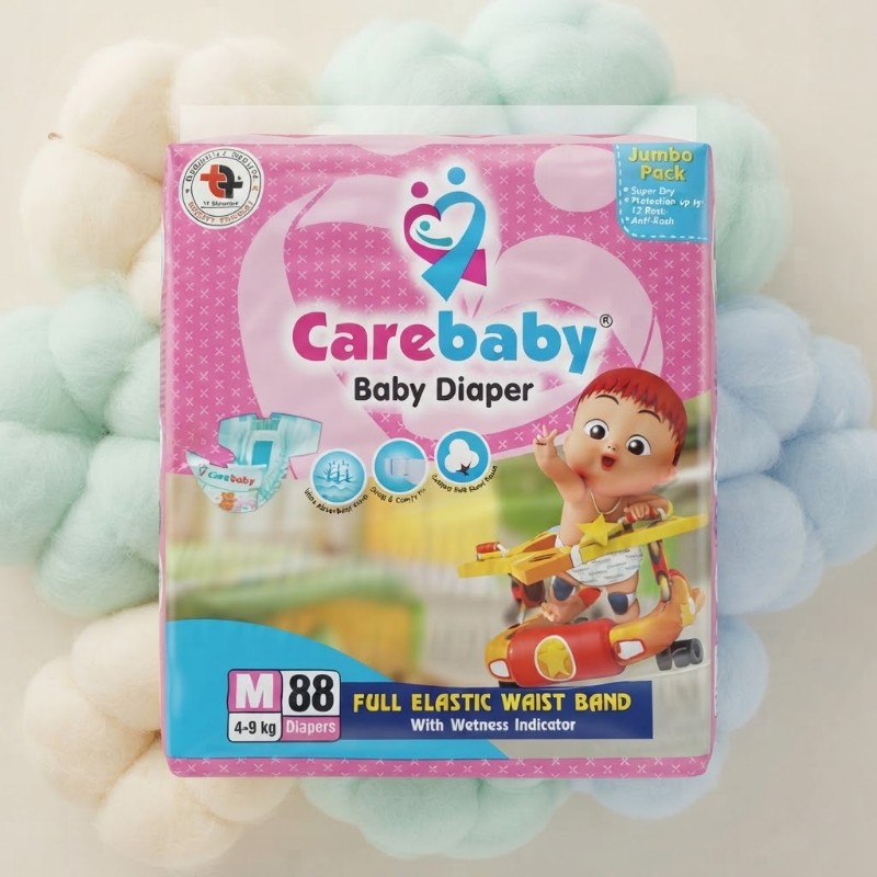 Carebaby Baby Diaper Jumbo Pack Medium Size M 88 Count 4-9 kg Full Elastic Waist Band