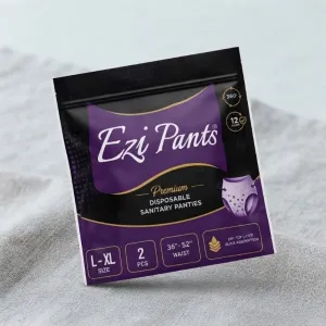 Ezi Pants Premium Disposable Sanitary Panties - L-XL Size, 36"-52" Waist, 12-Hour Protection, 2 Pieces