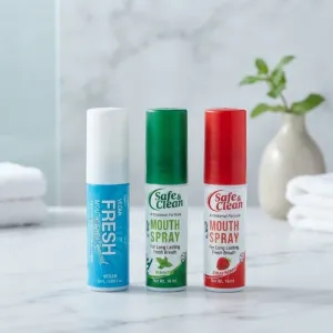 Safe & Clean & Fresh Antibacterial Mouth Spray Assorted Pack - Long Lasting Fresh Breath (Mint, Strawberry & Spearmint)