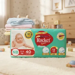 Rocket Premium Baby Diapers Newborn (NB) – 40 Diapers | 2–5 kg | Soft & Silky