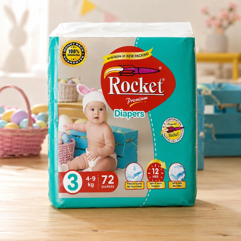 Rocket Premium Baby Diapers Size 3 – 72 Pieces, 4–9 kg, Up to 12 Hours Protection