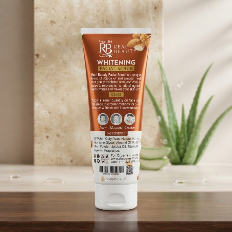 Real Beauty (RB) Whitening Facial Scrub with Jojoba Oil & Almond Meal - Skin Softening Exfoliator