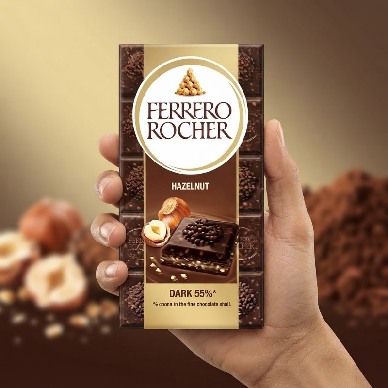 Ferrero Rocher Hazelnut Dark 55% Chocolate Bar - Premium Rich Dark Chocolate with Crunchy Hazelnuts (Gourmet Confectionery)