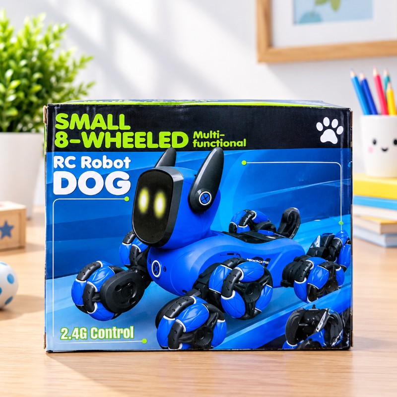 Small 8-Wheeled Multi-Functional RC Robot Dog – 2.4G Remote Control Intelligent Stunt Toy with Glowing Eyes