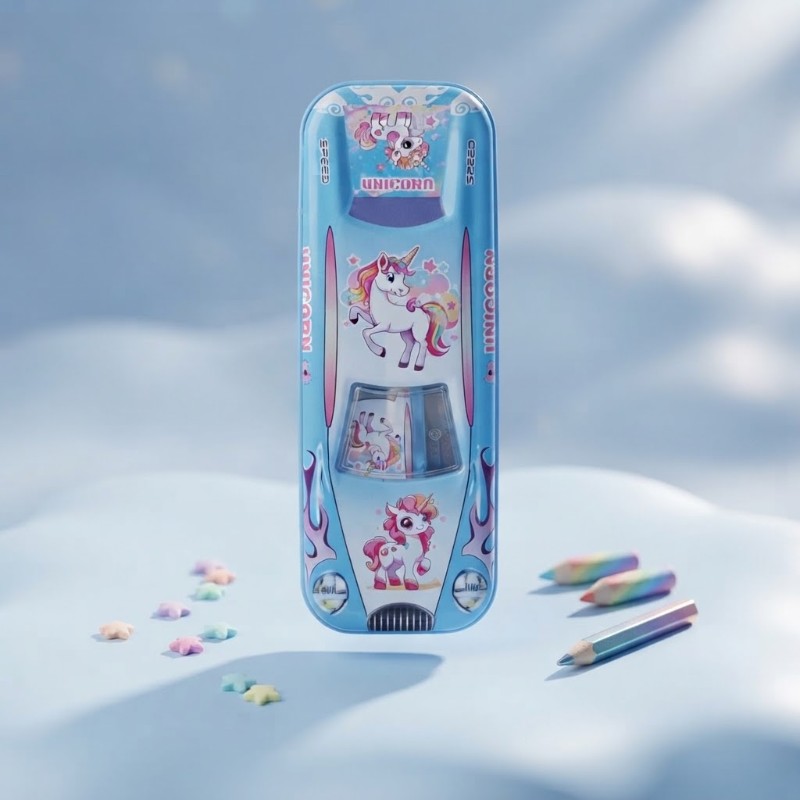 Unicorn Theme Car-Shaped Metal Pencil Box | Cute Stationery Organizer & Geometry Case for Kids