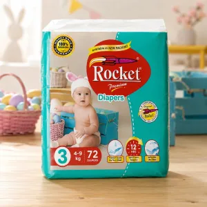 Rocket Premium Baby Diapers Size 3 – 72 Pieces, 4–9 kg, Up to 12 Hours Protection