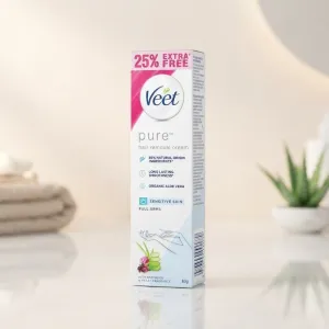 Veet Pure Hair Removal Cream for Sensitive Skin - Organic Aloe Vera, Raspberry & Violet Fragrance, 63g (25% Extra Free)