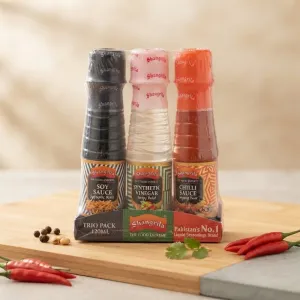 Shangrila Trio Pack Liquid Seasonings - Soy Sauce, Synthetic Vinegar & Chilli Sauce (120ml Each)