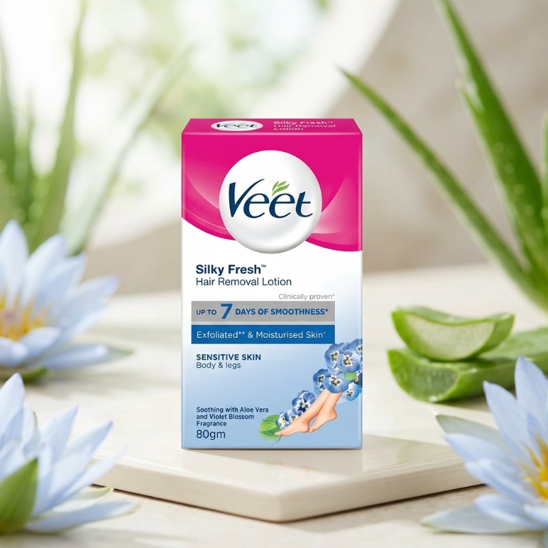 Veet Silky Fresh Hair Removal Lotion 80g | Sensitive Skin | Body & Legs | Aloe Vera & Violet Blossom