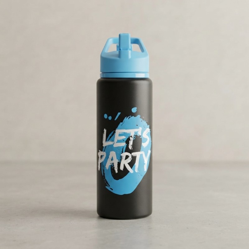 Black and Blue Sports Water Bottle with Carry Handle and Flip-Top Lid – “Let’s Party” Printed Reusable Bottle