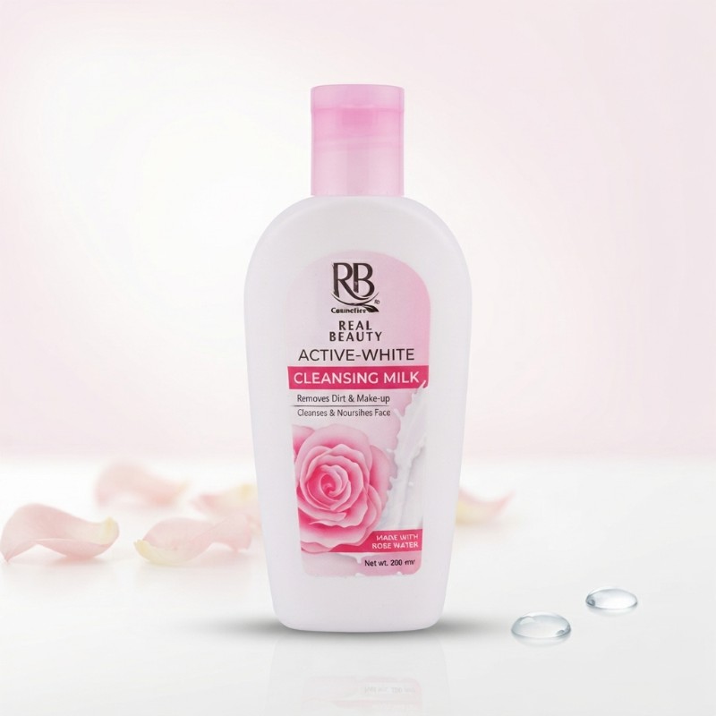 Real Beauty Active-White Cleansing Milk 200ml – Rose Water Facial Cleanser for Makeup & Dirt Removal