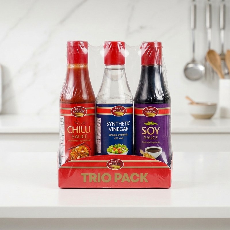 Bake Parlor Trio Pack – Chilli Sauce, Synthetic Vinegar & Soy Sauce 3-Piece Combo for Cooking, Dipping & Seasoning