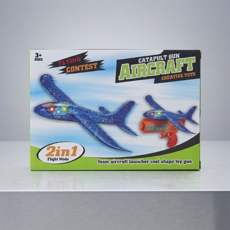 2-in-1 Foam Aircraft Launcher Toy | Catapult Gun with Foam Glider Plane | Flying Contest Toy for Kids