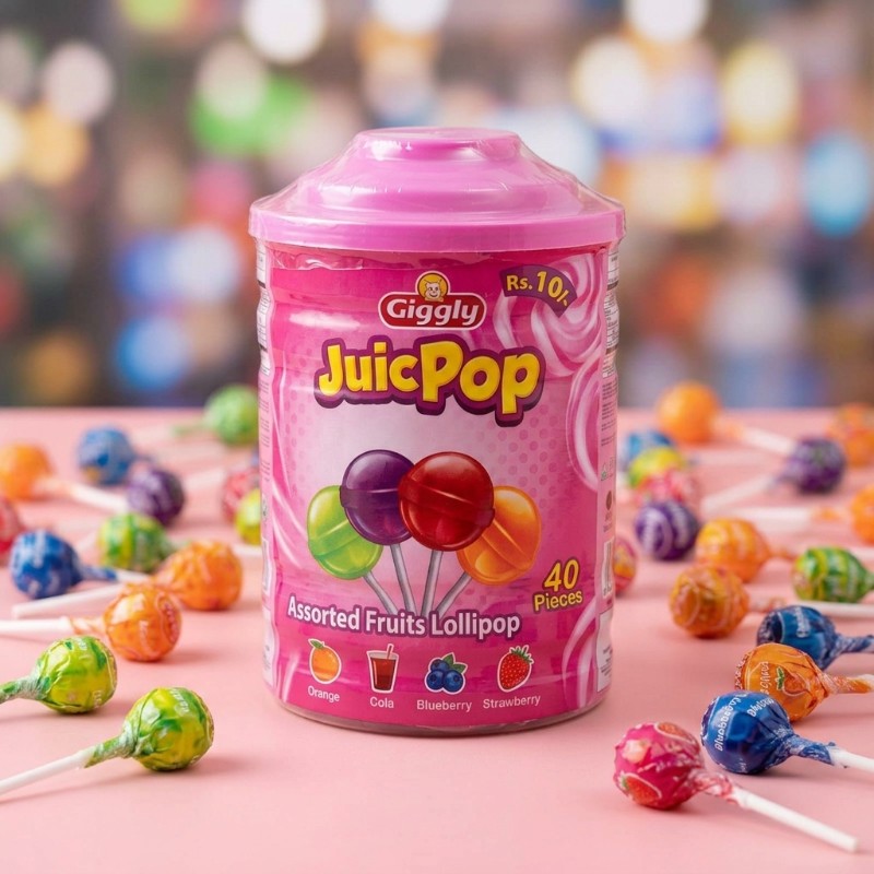 Giggly Juic Pop Assorted Fruit Lollipop | 40 Pieces Jar | Orange, Cola, Blueberry & Strawberry Flavors