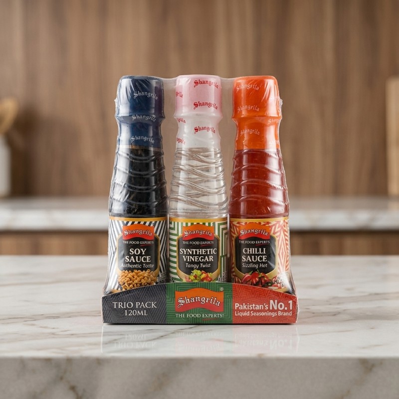 Shangrila Trio Pack Liquid Seasonings | Soy Sauce, Synthetic Vinegar & Chilli Sauce | 120ml Each