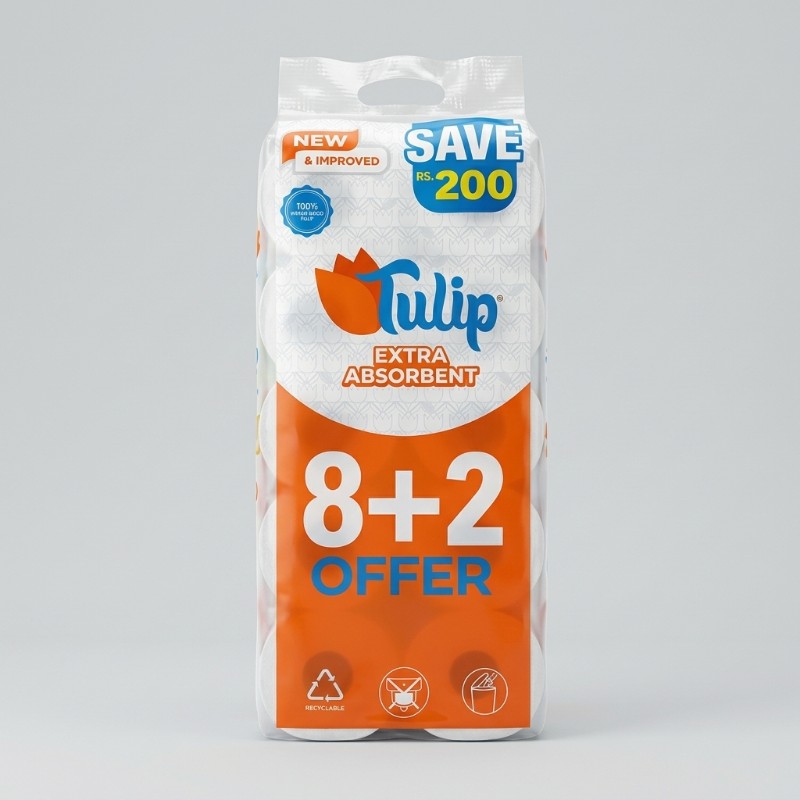 Tulip Toilet Tissue Roll White 8+2 Offer | Extra Absorbent Toilet Paper Rolls | Total 10 Rolls