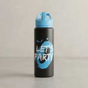 Black and Blue Sports Water Bottle with Carry Handle and Flip-Top Lid – “Let’s Party” Printed Reusable Bottle
