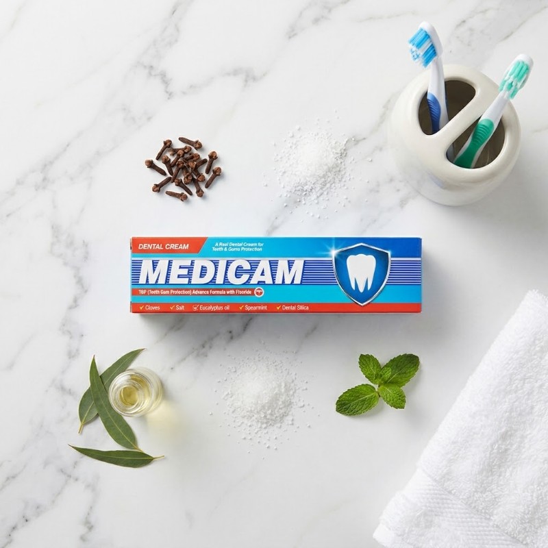 Medicam Dental Cream - TGP Teeth & Gum Protection Advance Formula with Fluoride - Cloves, Salt, Eucalyptus Oil, Spearmint & Dental Silica