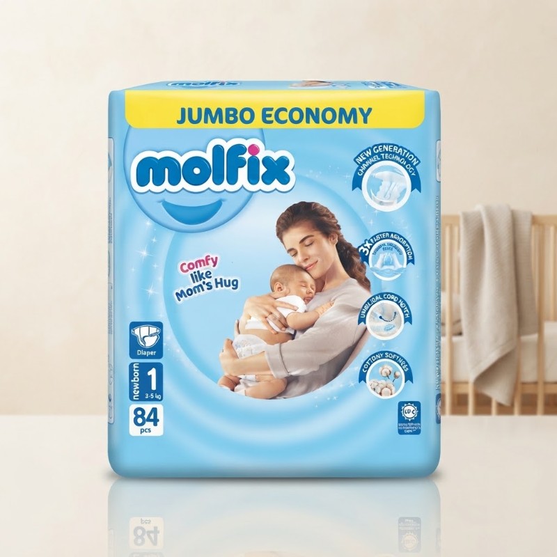 Molfix Jumbo Economy Baby Diapers | Size 1 Newborn (3-5 kg) | 84 Pcs | Comfy Like Mom's Hug