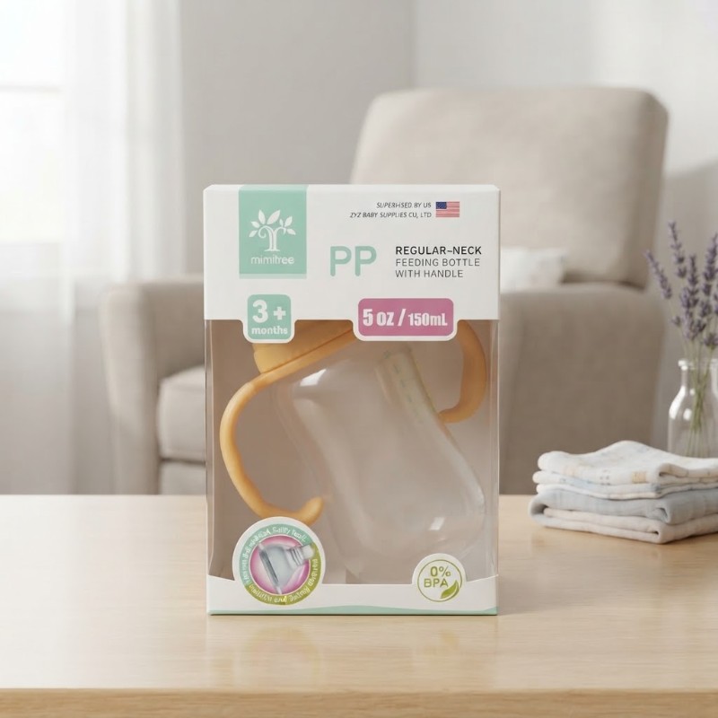 Mimitree PP Regular-Neck Baby Feeding Bottle with Handle - 150ml (5 oz) | 0% BPA, Safe Infant Milk Bottle for 3+ Months