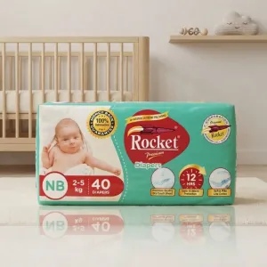 Rocket Premium New Born Baby Diapers | NB Size (2-5 kg) | 40 Count Pack | 12 Hours Leak Protection & Dry-Touch Sheet