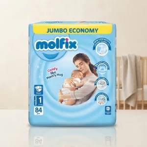 Molfix Jumbo Economy Baby Diapers | Size 1 Newborn (3-5 kg) | 84 Pcs | Comfy Like Mom's Hug
