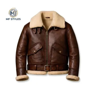 MF STYLES Men’s Genuine B3 Shearling Bomber Leather Jacket – Vintage Brown Aviator Flight Coat