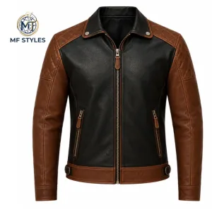 MF Styles Men's Two-Tone Real Leather Biker Jacket - Slim Fit Quilted Shoulder Motorcycle Leather Jacket