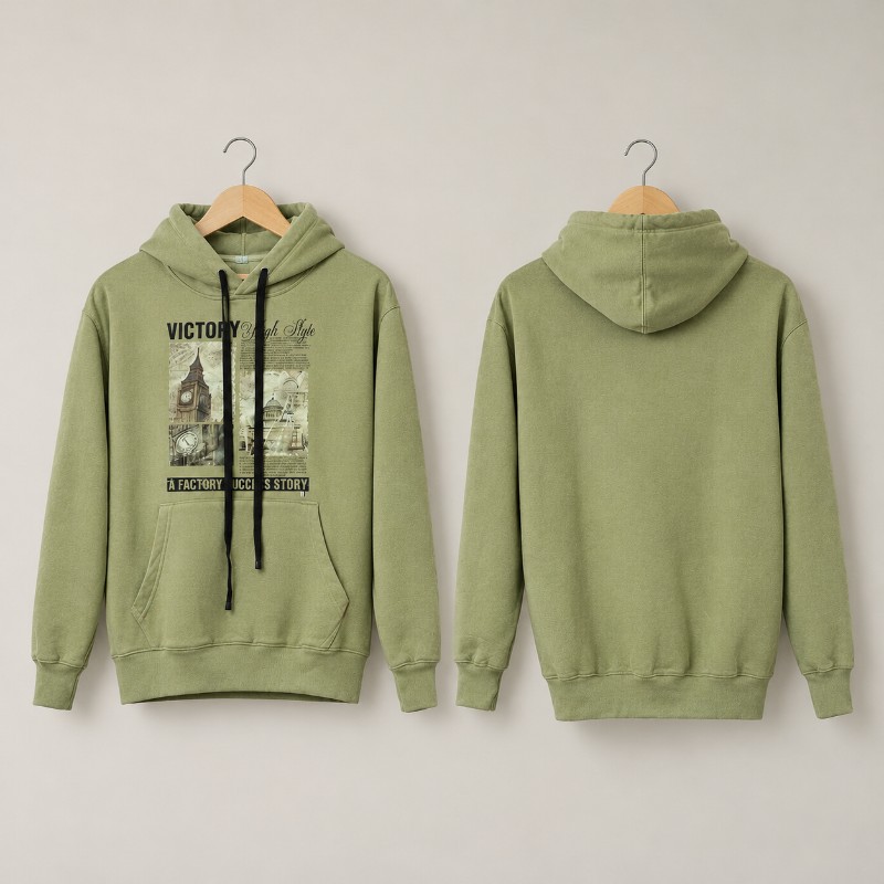 Olive Green Graphic Hoodie for Men with Kangaroo Pocket
