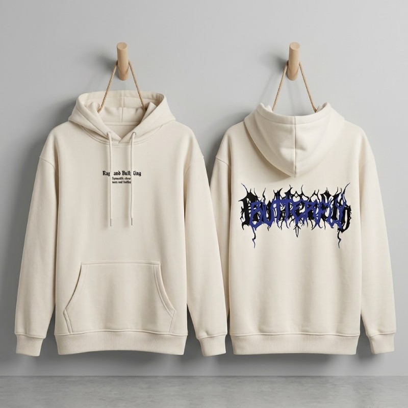 Product Title Off-White Pullover Hoodie with Graphic Back Print and Kangaroo Pocket