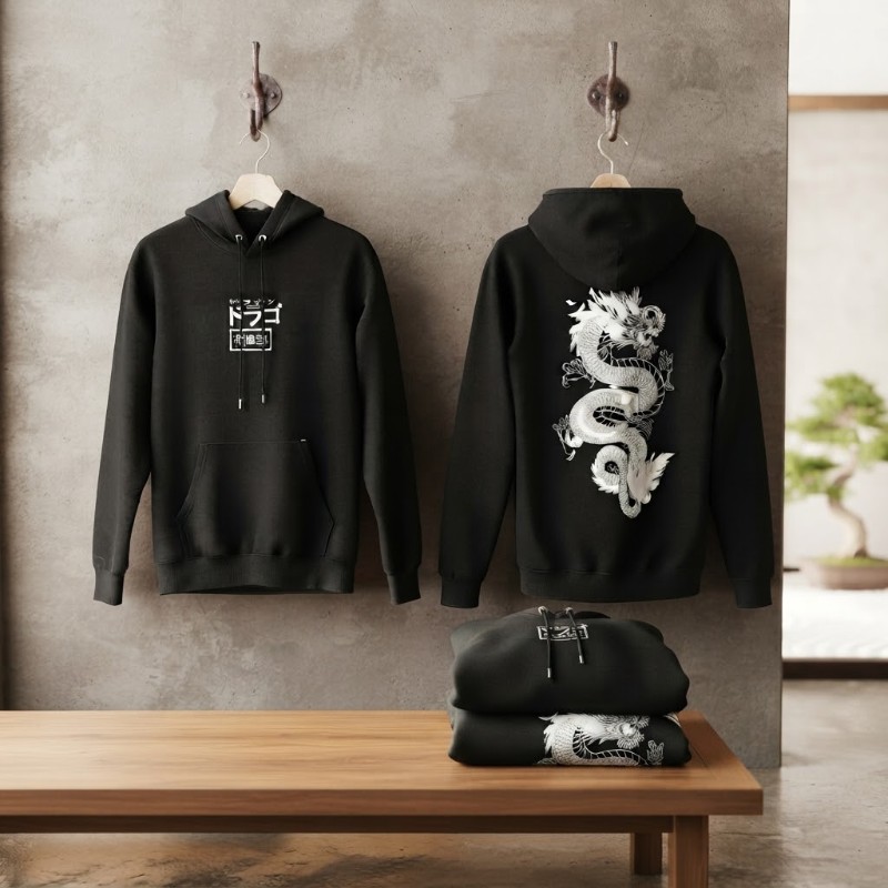 Black Japanese Dragon Graphic Hoodie | Streetwear Pullover