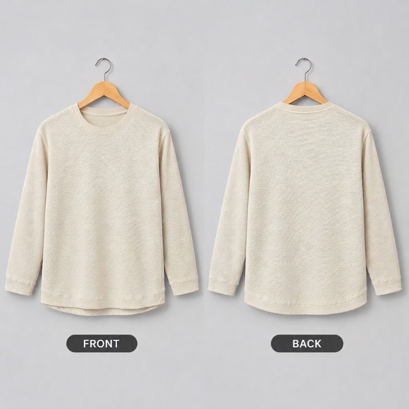 Waffle Knit Crew Neck Sweatshirt- Beige Long Sleeve