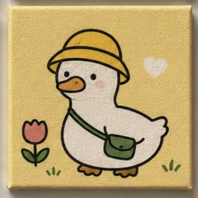 Cute Duck with Hat & Crossbody Bag  Mini Canvas Paintings Hand-Painted Little Explorer Duck 4x4 Canvas Art