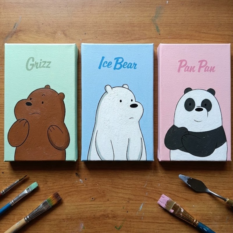 We Bare Bears" 3-Piece Mini Canvas Set | Cute Pastel Desk Decor