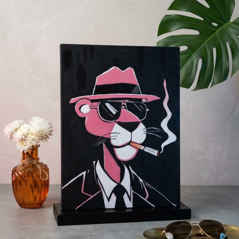 Hand-Painted Pink Panther in Suit Canvas Painting (18" x 24") – Vintage Pop Art Wall Decor with Fedora & Sunglasses