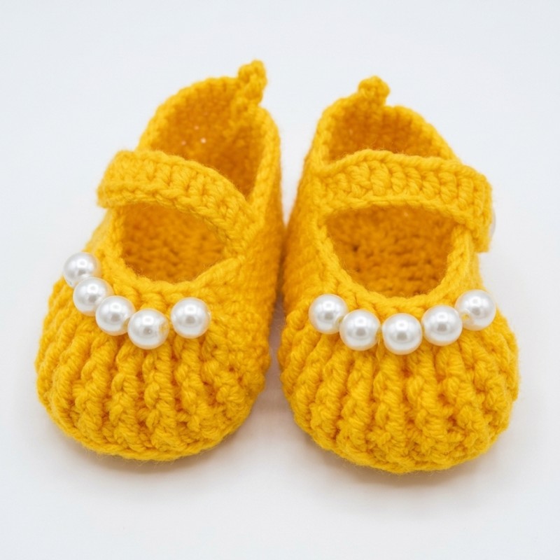 Handmade Pearl-Embellished Yellow Crochet Baby Booties | Soft Shoes for Newborns & Infants